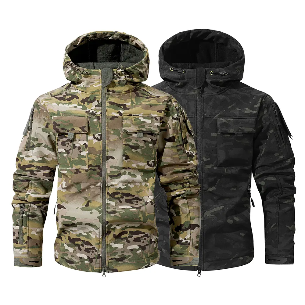 Outdoor camouflage tactical hooded jacket – men’s fleece-lined warm hardshell jacket with large capacity and multiple storage pockets, adjustable Velcro cuffs, wear-resistant and tear-resistant fabric, trendy camouflage design; suitable for camping, hikin