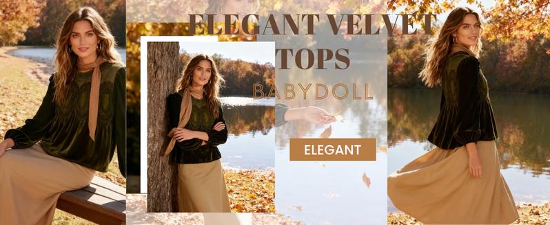 Yeokou Women's Long Sleeve Velvet Trim Lace Blouse Elegant Flared Swing Top Round Neck Casual Wear for Parties Weddings Dinners Office Dates Yeokou Women's Long Sleeve Velvet Trim Lace Blouse Elegant Flared Swing Top Round Neck Casual Wear for Parties Weddings Dinners Office Dates