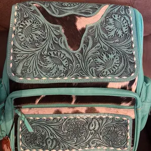Western Tooled Turquoise Cowhide Backpack