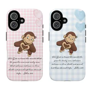 Inspirational Bible Verse Phone Case – John 3:16 Scripture with Cartoon Monkey, Curious Georgee Phonecase, Gift for fans