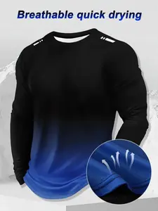 Men's Casual Athletic Fashion Activewear Long Sleeve T-Shirt, Loose Breathable Mesh Gradient Print Round Neck Outdoor Running Hiking Shirt, Athletic Sports Clothing, Sportswear Top, Fall & Winter Wear