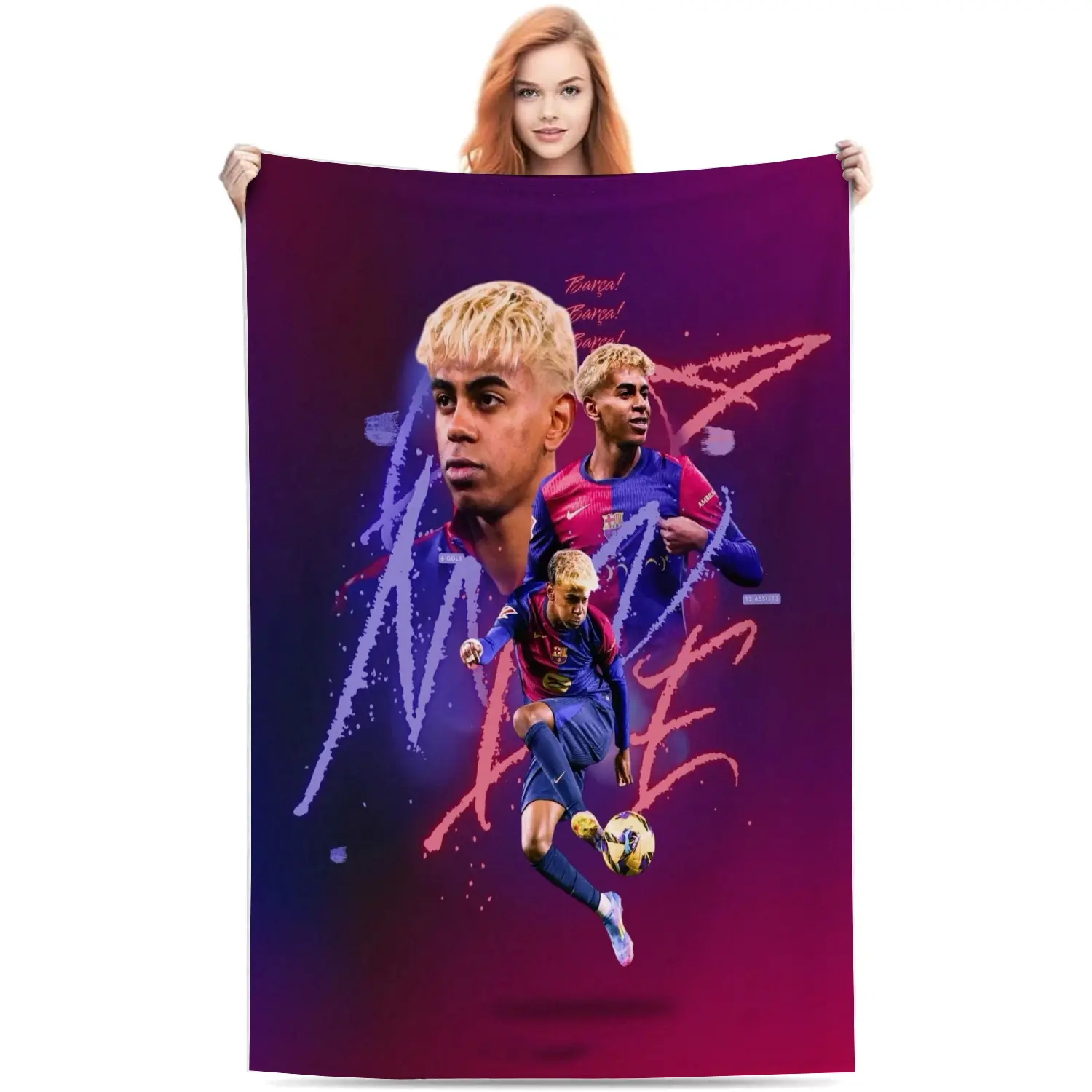Football Theme Lamine Yamal Barcelona Flannel Fleece Throw Blanket - Dynamic Triple Portrait, Gradient Purple-Red Background, Barca Young Star Dribbling Pose, Soft Fabric, Warmth, Ideal for Indoors Outdoors Sofa Bed, Gift for Barca Supporters