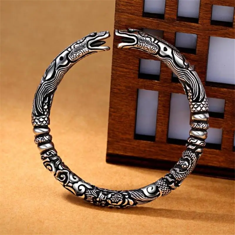 Fusion of Strength and Prosperity: Double Dragon Head Bangle in Thai Silver, Double Dragon Head Bangle, Thai Silver Bracelet, Cosmic Chi Jewelry, Prosperity Bangle, Strength and Abundance Jewelry, Therapeutic Silver Bracelet, Asian Symbol Jewelry