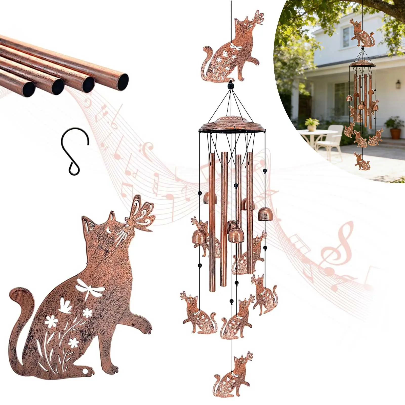 Vintage Cat Wind Chimes, Hanging Wind Bells with   metal   Tubes & Bells, Home Decoration for Gardens, Yards, and Patios, Kittens Gifts