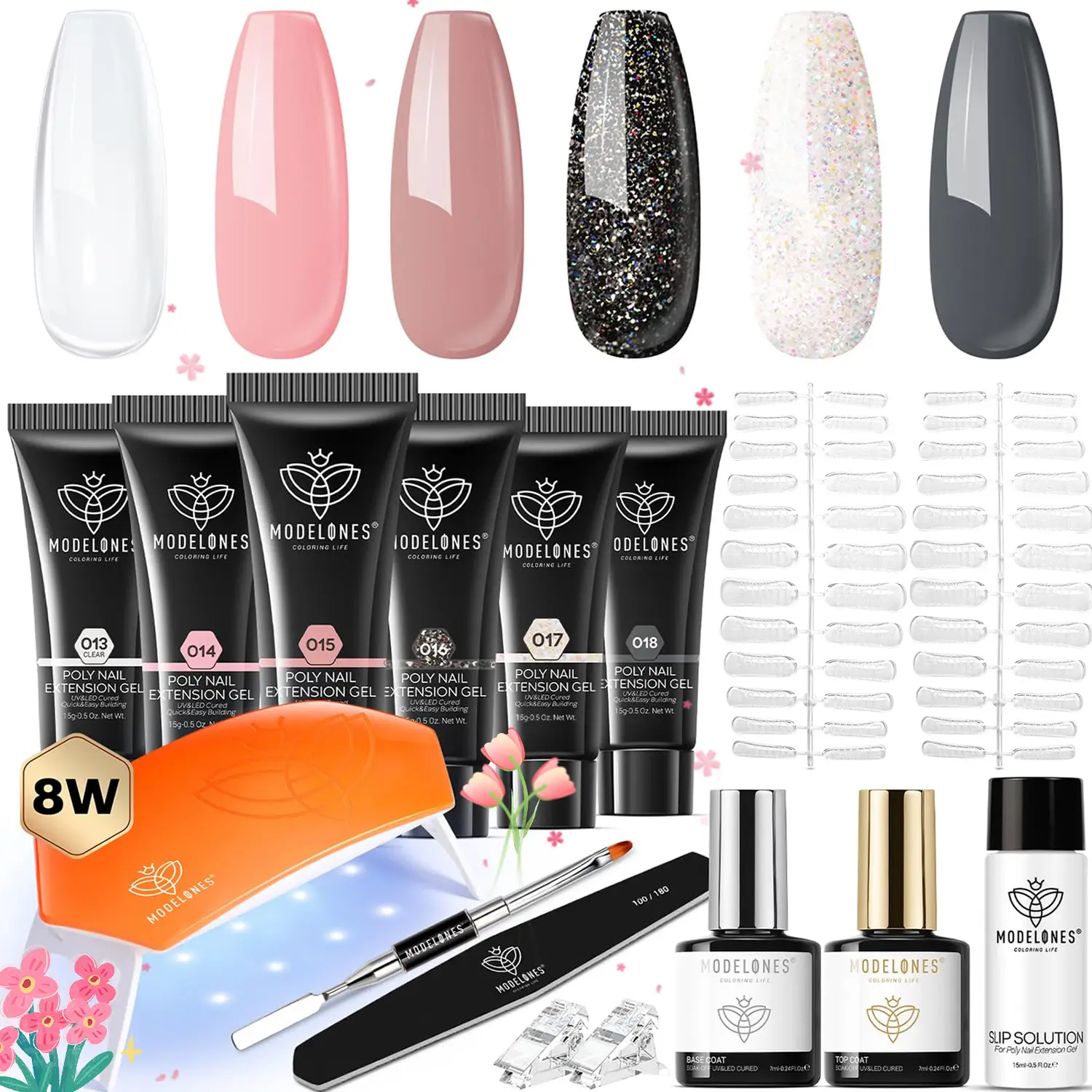 [Final Pre-Tariff Price!]Modelones 13Pcs Poly Nail Extension Gel Kit, 6 Colors 15g Builder Extension Gel with Mini Nail Lamp brush Slip Solution Rhine