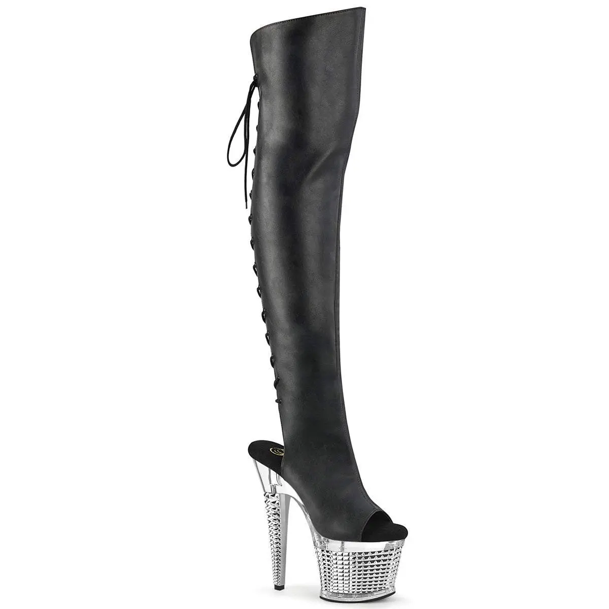 Women's Platform Boot - 7 in Heel, SPECTATOR-3019, Black PU-Silver Chrome Decor Women's Footwear Shoe