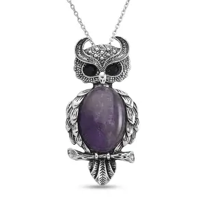 Amethyst 13.00 ctw and Black  Crystal Owl Pendant in Silvertone with Stainless Steel 20-22 Inches