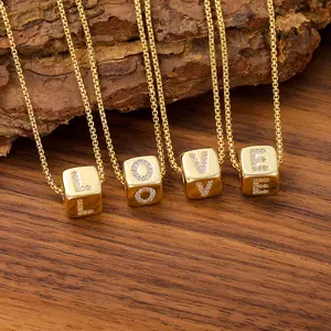 Zircon 26 English letter square pendant golden necklace 17.71in girls daily wear jewelry