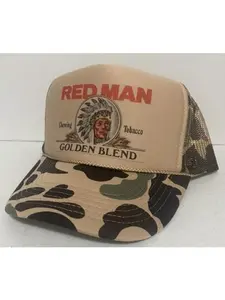 RM Chewing Tob@cco Trucker Hat -Golden Blend Summer Drinking 7 Panel Cap Tan Camo Snapback Hat for Hunting and Partying Vintage Gift For Him