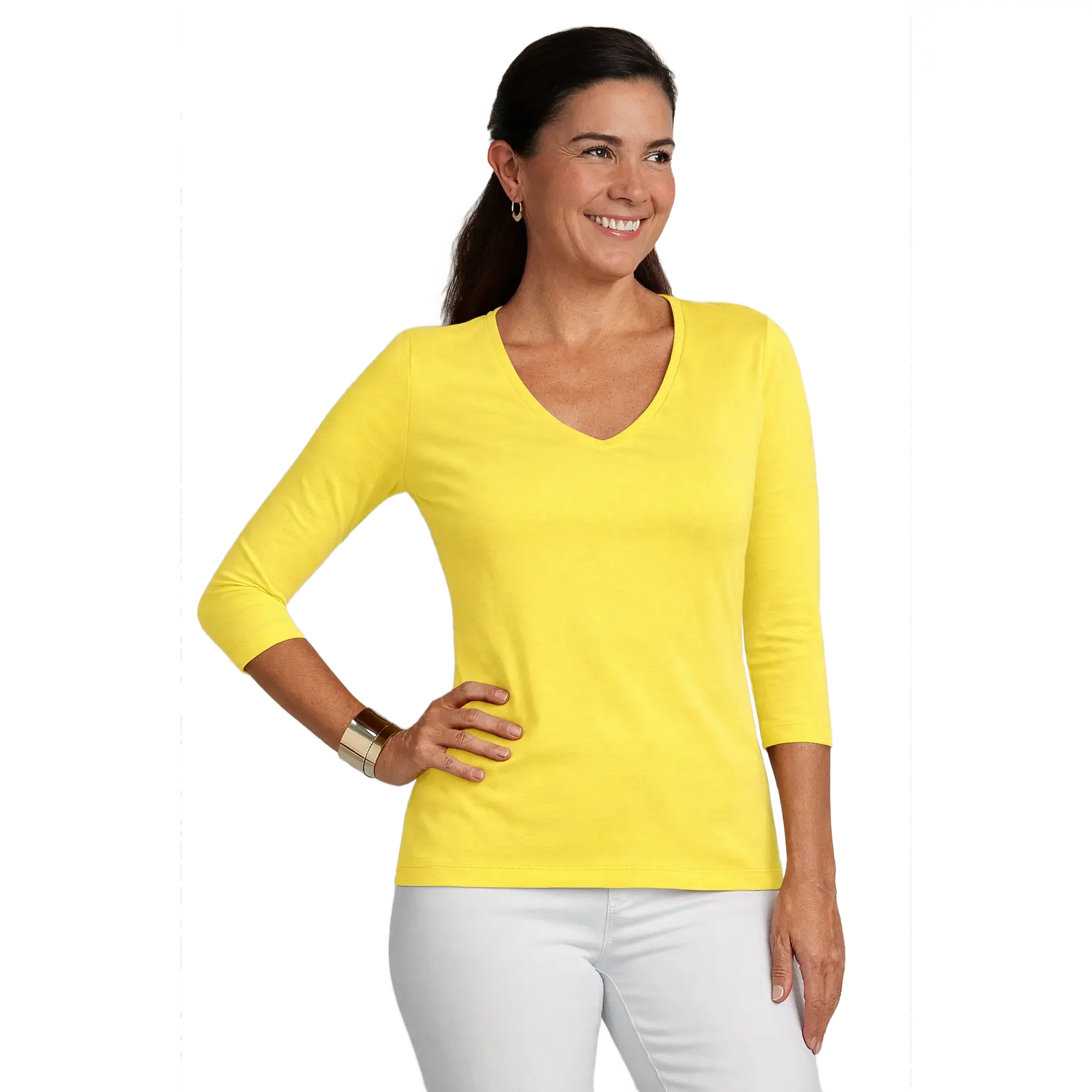 Women's 3/4 Sleeve V-Neck Top | Casual Stretch Blouse | Soft Lightweight Everyday Shirt | Business Casual Work Office Travel Top | Classic Solid Color Basic Fashion Tee | Comfortable Long Sleeve Knit Top