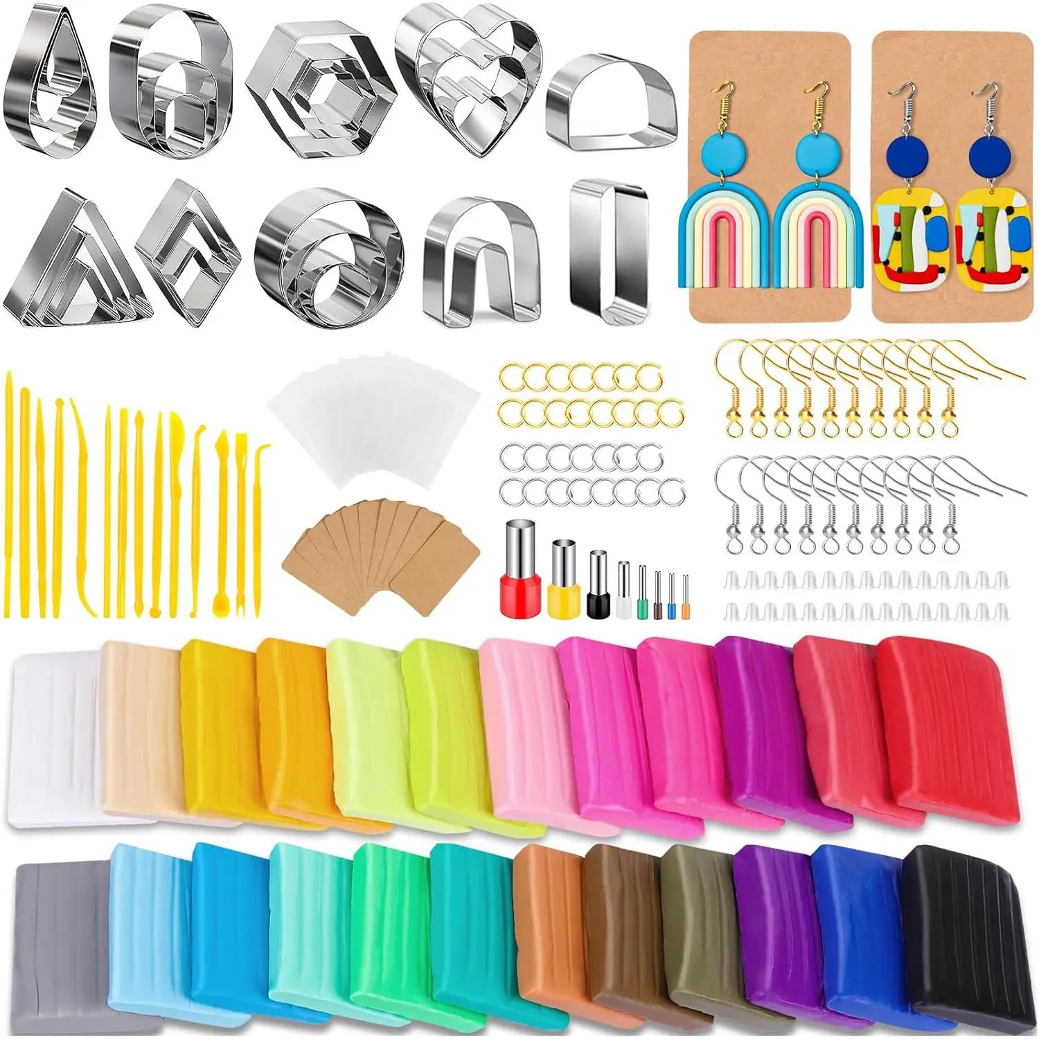 Polymer Clay Earring Making Kit with  Box, Including 32 count Polymer Clay Cutters, 24 count Oven Bake Clay, 30 Set Earring Rings&Hooks,  Making Kit for Teen Girls