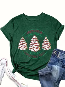 【Plus Size】 Cartoon Christmas Tree & Letter Print Round Neck Tee, Casual Short Sleeve Crew Neck T-Shirt for Summer, Women's Christmas and New Year Clothing for Daily Wear