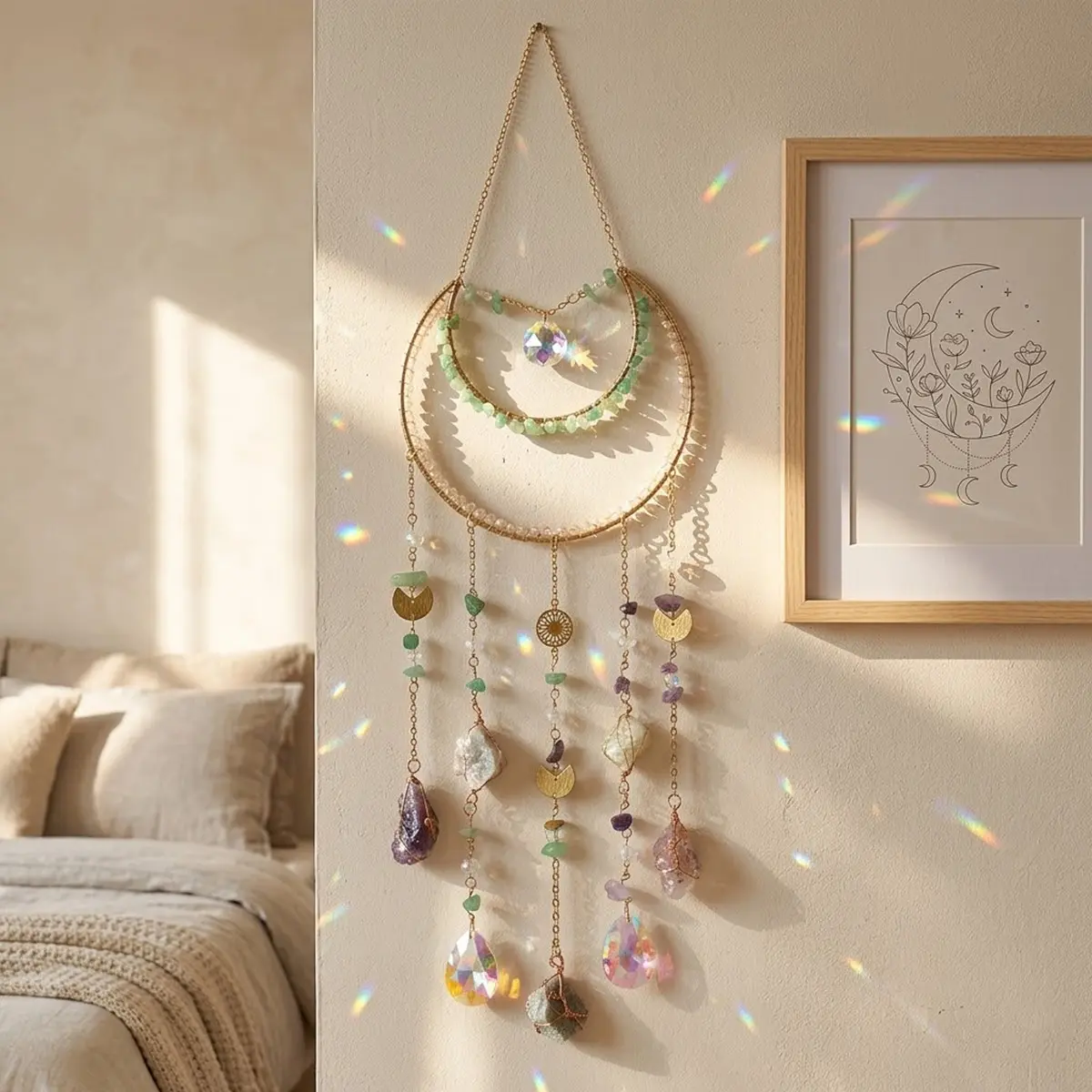 Moon Crystal Ball Pendant Design Sun Catcher, Handmade Copper Wire Natural Gemstone Home Hanging Decoration, Home Decor Ornaments, Home Decorative Ornament, Birthday Gift for Friends