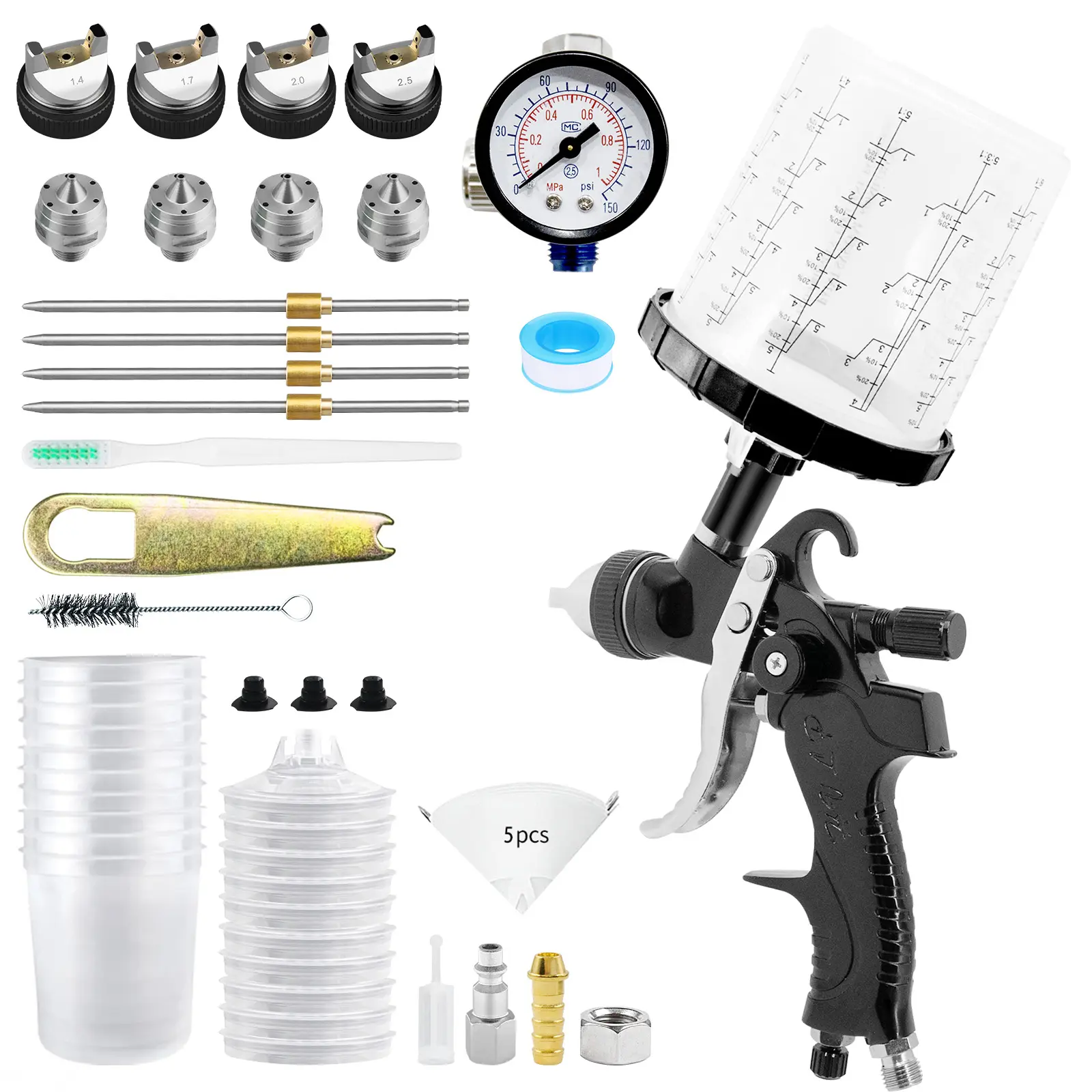 HVLP Spray Gun Full Set - Lightweight Aluminum Alloy, 1.4/1.7/2.0/2.5mm Nozzles, 650ml Copper Container, 650ml Mixing Cup, 10 Inner Cups, Air Regulator, Ergonomic Adjustable Paint Mode, for Car Repair, DIY Crafts