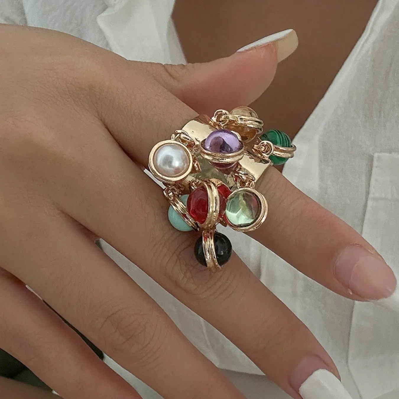 Unique Antique Court Style Ring with Natural Turquoise and Lapis Lazuli Pendants, Elegant Jewelry Piece, Vintage Design Accessory