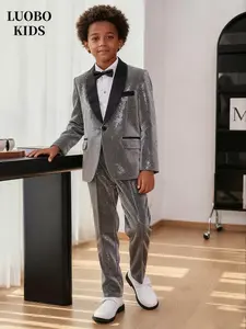 【 LUOBOKIDS 】 Boys' solid color suit set with bow and lapel, long sleeved Formal party outfit, perfect choice for weddings and events, boys' dance competition outfit (excluding)--24219