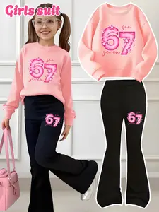 Valentine's Day, 'stars and 67six Seven' Printed 2-Piece Set Outfit for Girls, Casual Fitted Hoodie Sweatshirt and Flared Pants, Stretch Waist Pants for Outdoor Activities