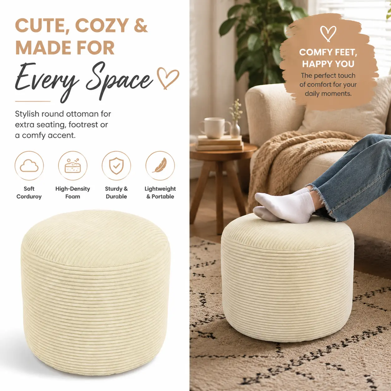 Round Corduroy Floor Pouf Ottoman - Soft Foam-Filled Floor Cushion Footrest for Living Room Home Decor