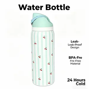 Owala 32oz FreeSip Insulated Stainless Steel Water Bottle - Cute Mint White Striped Cherry Print, Double-Wall, Leakproof, 24-Hour Cold Retention, Portable Tumbler for Back to School, Travel