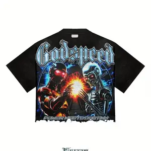 100% T-shirt | Godspeed Robot and Skeleton with Energy Ball, Blue and Red Flames, Power Must Be Stronger Text Print | Y2K Hip Hop Street Style