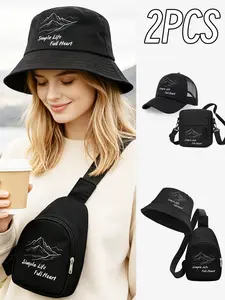 2 PCS Men's and Women's Universal Personality Mountain Pattern Truck Cap / Fisherman Cap + Crossbody Bag Set. Trendy and fashionable multi-purpose outdoor sun hat, lightweight and portable money bag. Essential items for outdoor camping, hiking, and lightw