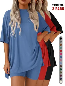 Oversized Short Sleeve Top & High-Waisted Shorts Set, Casual Plain Design, Perfect Lazy, Style