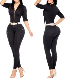 Divine Fashion R92-14 Colombian Color Black Denim Jumpsuit (Belt No incluida) - Stylish Stretch Fabric Comfortable One-Piece Outfit for Casual & Semi-Formal Occasions