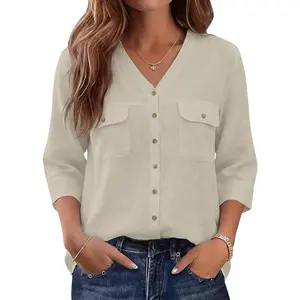 Women's Button Down Shirts Summer 3/4 Sleeve V Neck Blouses Lightweight Casual Office Work Tops with Pockets