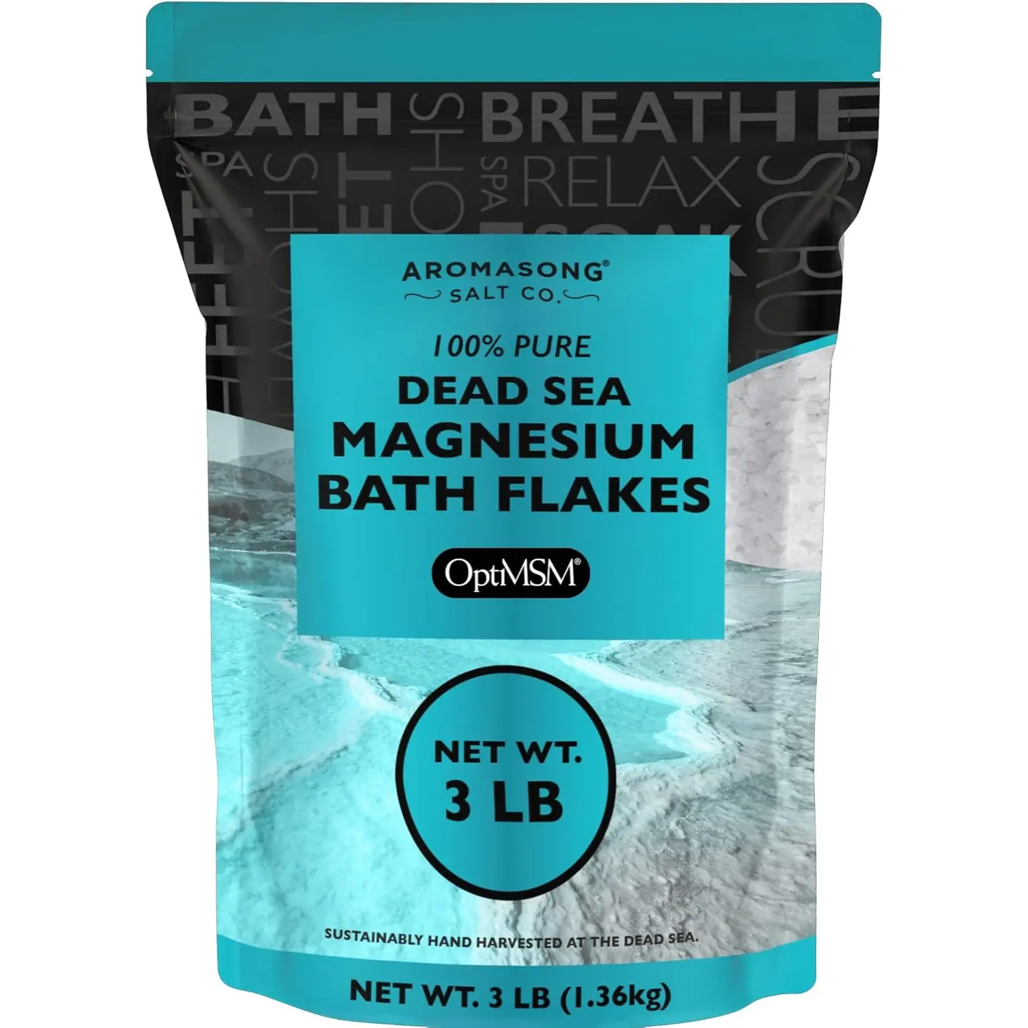 AROMASONG Raw Magnesium Flakes with OptiMSM and Organic Dead Sea Minerals, Soothing Bath Soak for Muscle Relaxation, 3 lbs