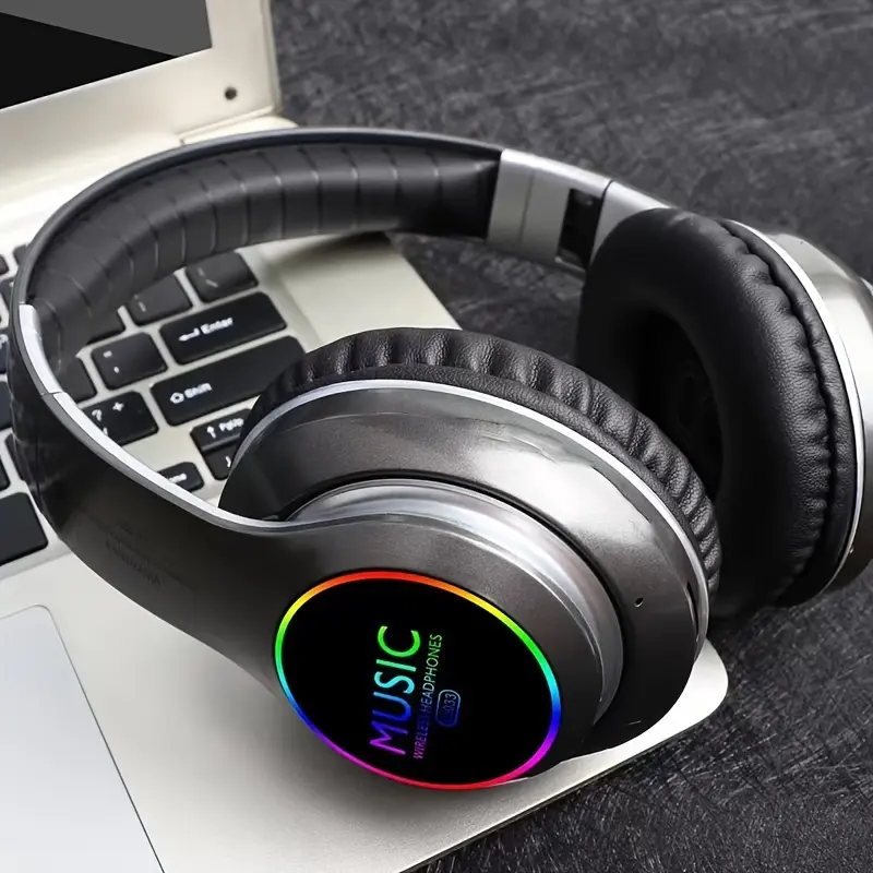 Folding Wireless Gaming Headset - Over-Ear Plastic Earphones with Deep Bass, Condenser Mic, Rechargeable Battery, USB-C & 3.5mm Ports for Sports Protective Gear Use
