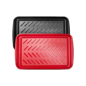 VEVOR Plastic Serving Trays, 2-Pack Grilling Prep and Serve Trays with Handles, 17x10.35 Inch Anti-Slip Melamine Food Tray, Ideal for BBQ, Kitchen, Cafeteria, Ottoman, Coffee Table, Black and Red