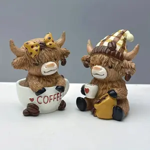 Scottish Highland Cow Statue Hand-Painted Resin Figurine, Scottish Tartan Hat and Coffee Cup, Sitting Highland Cow Collection