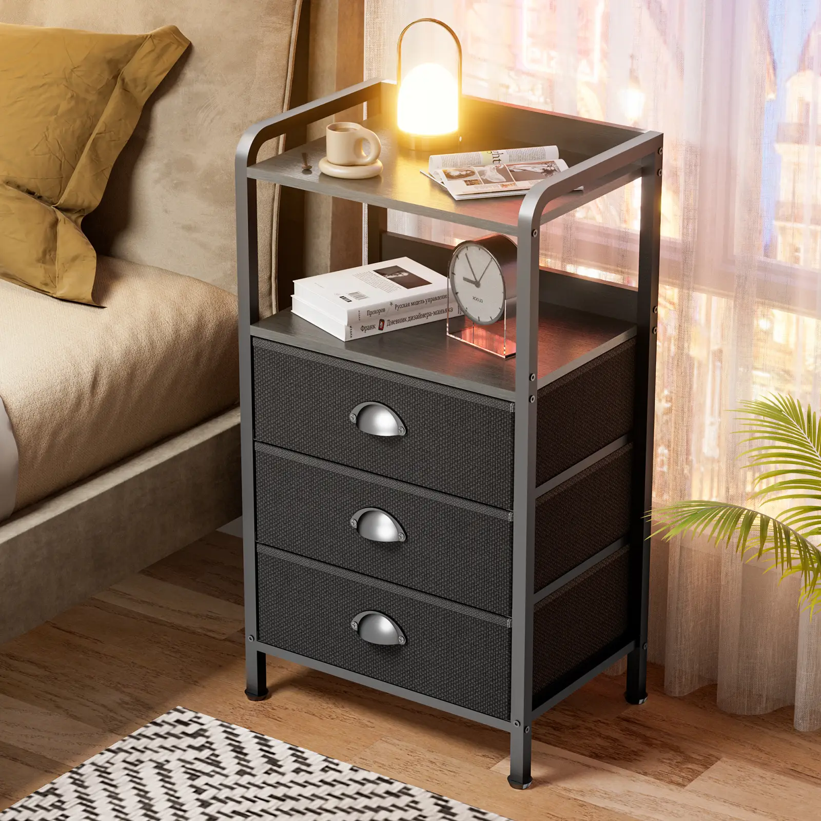 Night Stand Bedside Table Bedroom Nightstand with Open Shelf Bed Side Table with Fabric Drawers End Table with 3 Drawer Storage Night Stands for Livin