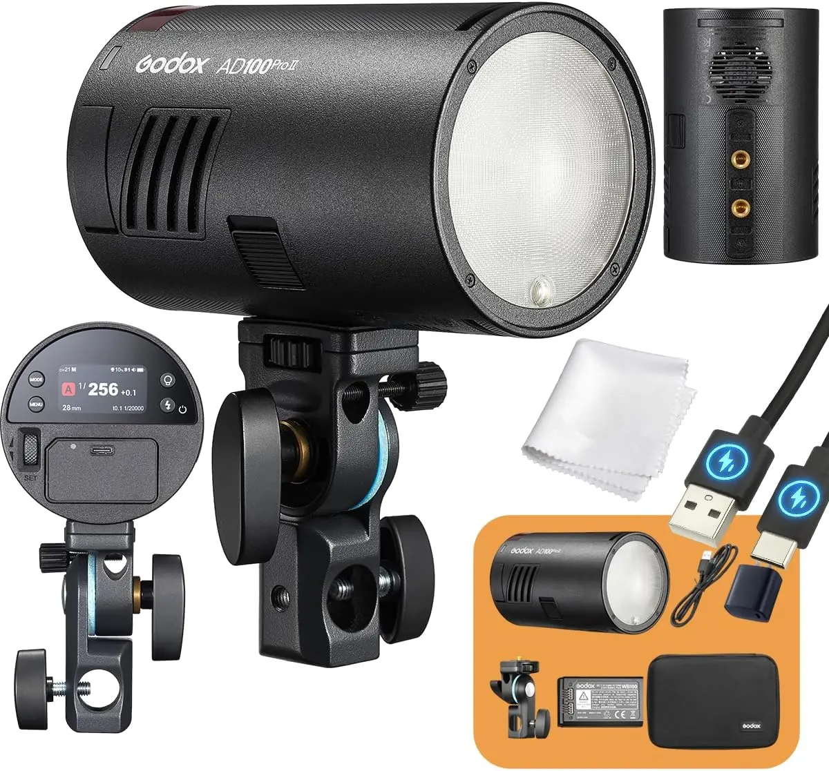 Godox AD100Pro II Portable Outdoor Flash Strobe, Built-in 2.4G X System & 433Mhz Wireless Module, 2850mAh Large Battery, 490 Full-Power Flashes, 0.01–1.5s Fast Recycle, 2W Dimmable LED Modeling Lamp, USB-C Charging, 1-256 Power Output Range
