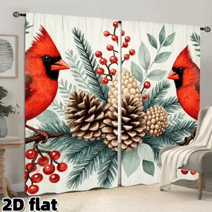 2D Flat 2Pcs Cardinal Bird Pine Cone Berries Pattern Curtains Natural Holiday Theme Rod Pocket Style Suitable for Living Room Bedroom Kitchen Study Window Decoration Christmas Gift Window Treatment Privacy Protection