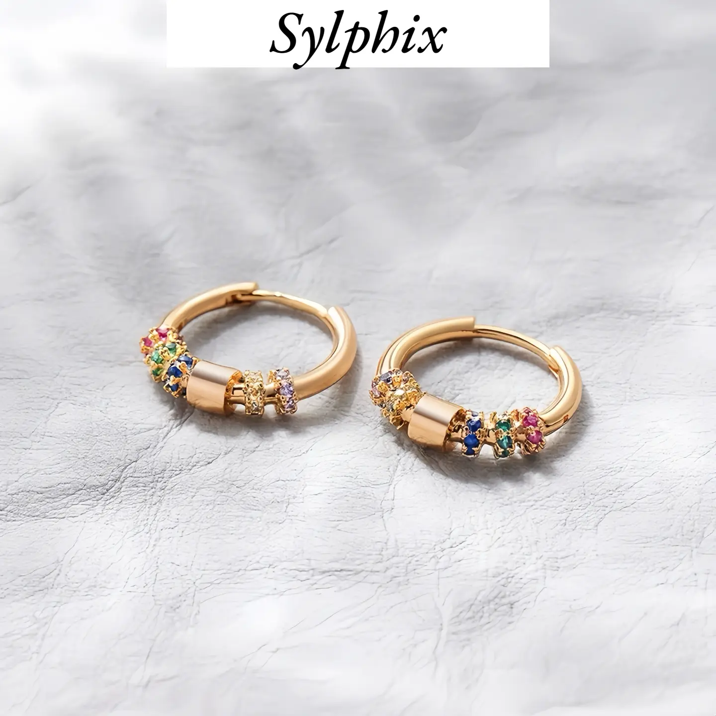 Sylphix Rainbow Earrings New Popular Style Unisex Gold Plated Hoop with Colorful Rhinestones Oxidation Resistant Gift Box Packaging