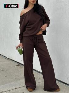 long sleeve off the shoulder fall sweatsuit 2 piece set women casual oversized casual jumper set
