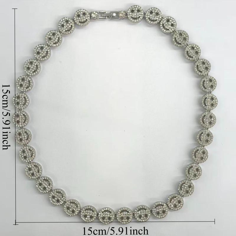 Hip-Hop Alloy Smiley Face Necklace & Full-Rhinestone Cuban Link Bracelet — Interlocking Ring Design, Edgy Punk Style (Unisex)