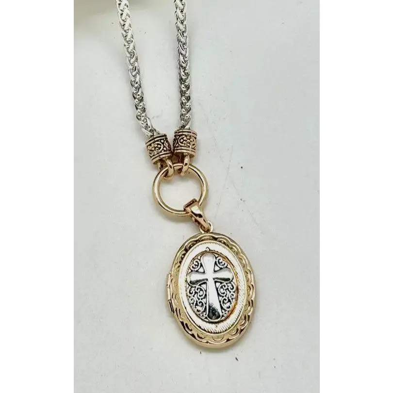 Two-Tone Locket- Silver Chain Necklace With Gold & Silver Cross Locket. 18" with 2”ext.