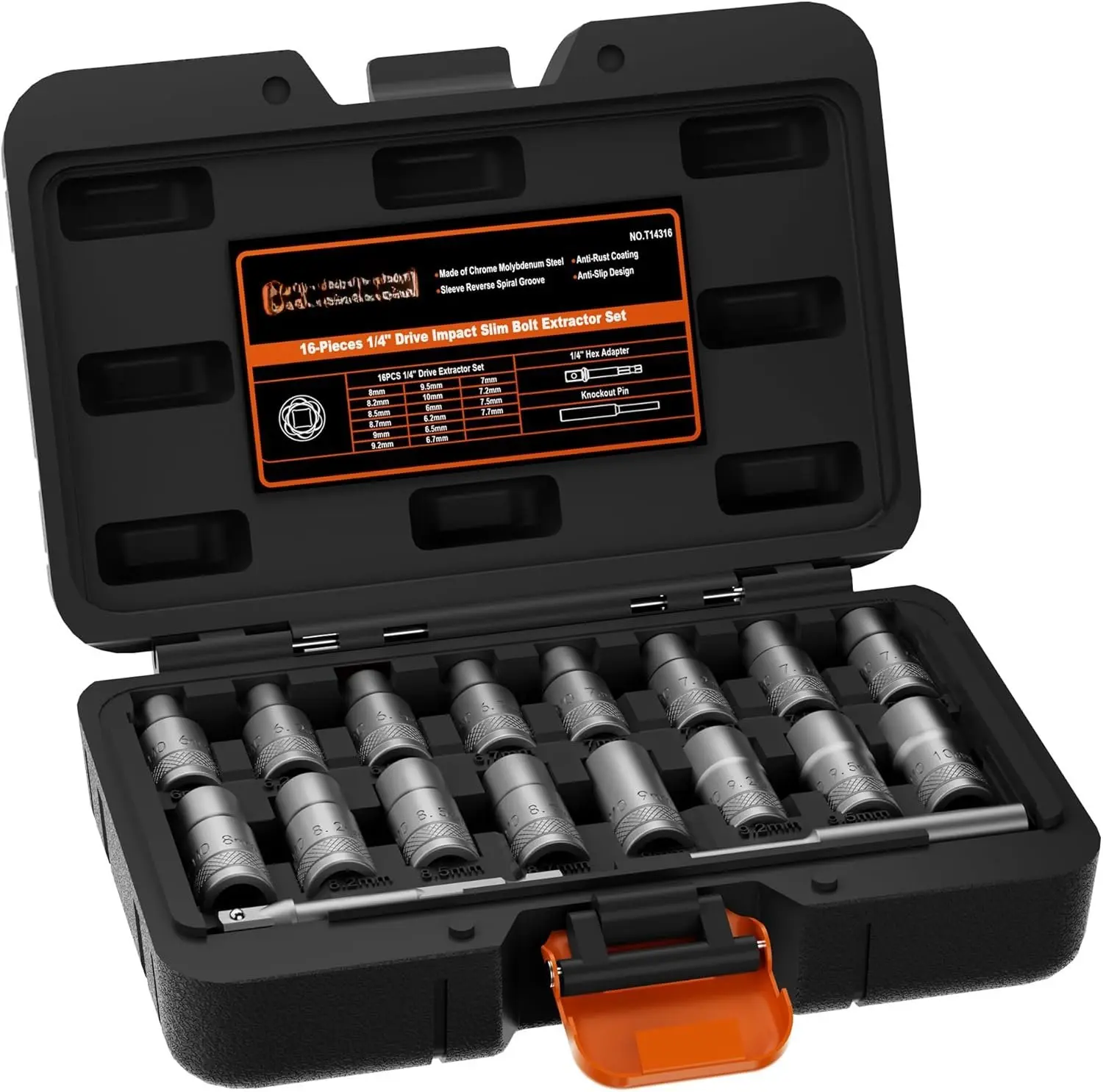 16 count Deep Well Bolt Extractor Set, 1/4 Dr Impact Bolt & Nut Remover Set, Bolt Removal Set for Damaged, Rusted, Rounded-Off, Stripped Fasteners