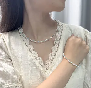 NC042-Aegean Lattice | Turquoise × Freshwater Pearl Necklace & Bracelet Set — Airy Architectural Design, Adjustable, Gift‑Ready