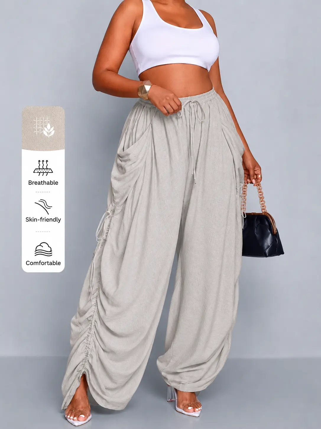 Women's Casual Linen Pants, High Waisted Wide Leg with Adjustable Side Drawstring, Lightweight Woven Fabric for Everyday Vacation Wear