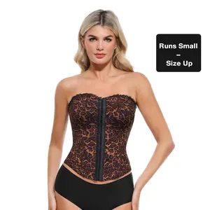 【Runs Small】Popilush Halloween Leopard Sexy Corset Top Bustier with Detachable Strap Lace Up Sculpting Shapewear Waist Cincher Tummy Control & Back Support Black