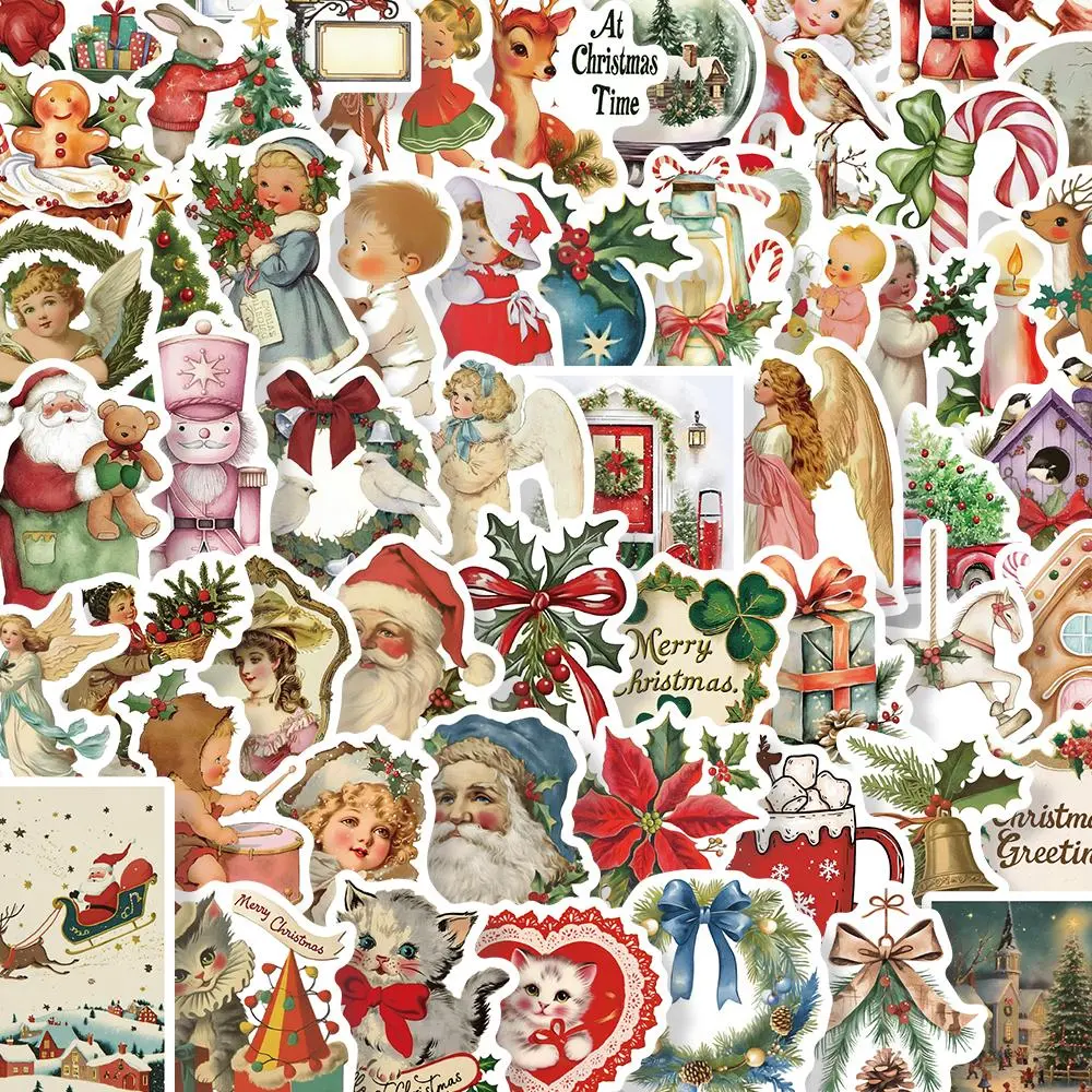 Vintage Christmas Themed Sticker, 56pcs/set Cute Cartoon Santa Claus Pattern Decorative Sticker, DIY Decals for Water Bottle, Laptop, Phone Case, Scrapbooking, Journal Making, Ornaments