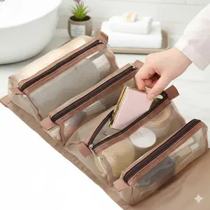 Expandable Travel Toiletry Bag: Waterproof Nylon, Multi-Layer Wet/Dry Separation, Clear Pouch, 3D Hook, Anti-Slip Base, Organized Mesh Pockets, TSA Compliant, Large Capacity, Portable Handle, Travel Cosmetic Bag
