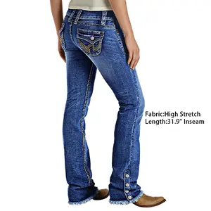Flamingal Raw Hem Button Side Embroidery Mid Waist Bootcut Jeans
