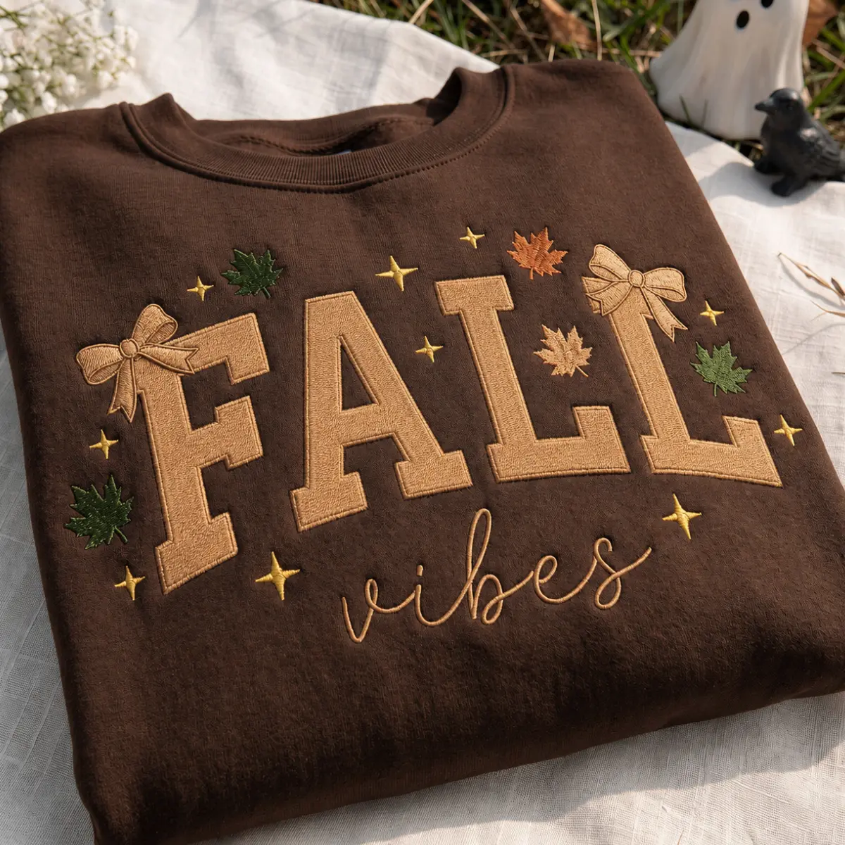 [Made in US] Fall Vibes Embroidered Sweatshirt, Cozy Autumn Crewneck, Minimalist Fall Embroidery Sweatshirt, Pumpkin Spice Season Sweatshirt, Cute Fall Leaves Embroidered Crewneck, Thanksgiving Gift for Women