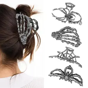 Spider Hair Claw Clips, 4 Pack Halloween Hair Accessories Gothic Black Metal Claw Clips for Women with Spider Skull Web Designs Goth Spooky Fun Style