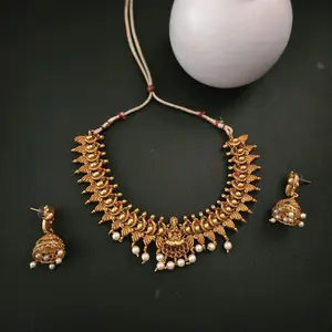 Temple Necklace and Earrings Set with Intricate Design and Pearl Accents for Traditional Wear