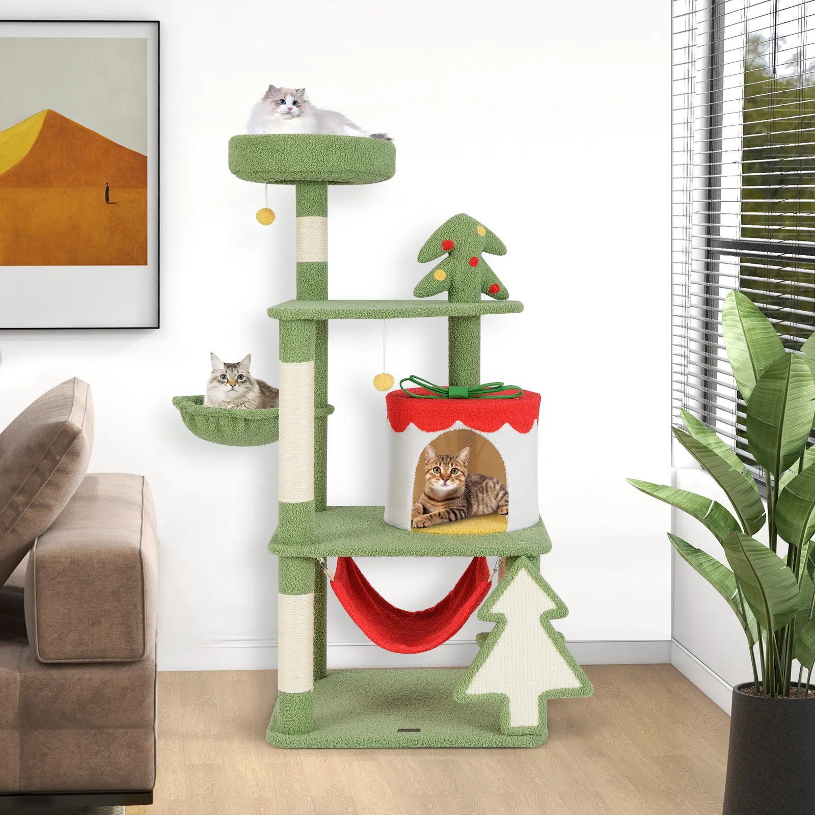 COSTWAY - Cute Christmas Cat Tree with Sisal Scratching Posts and Gift Box Shaped Condo-Green